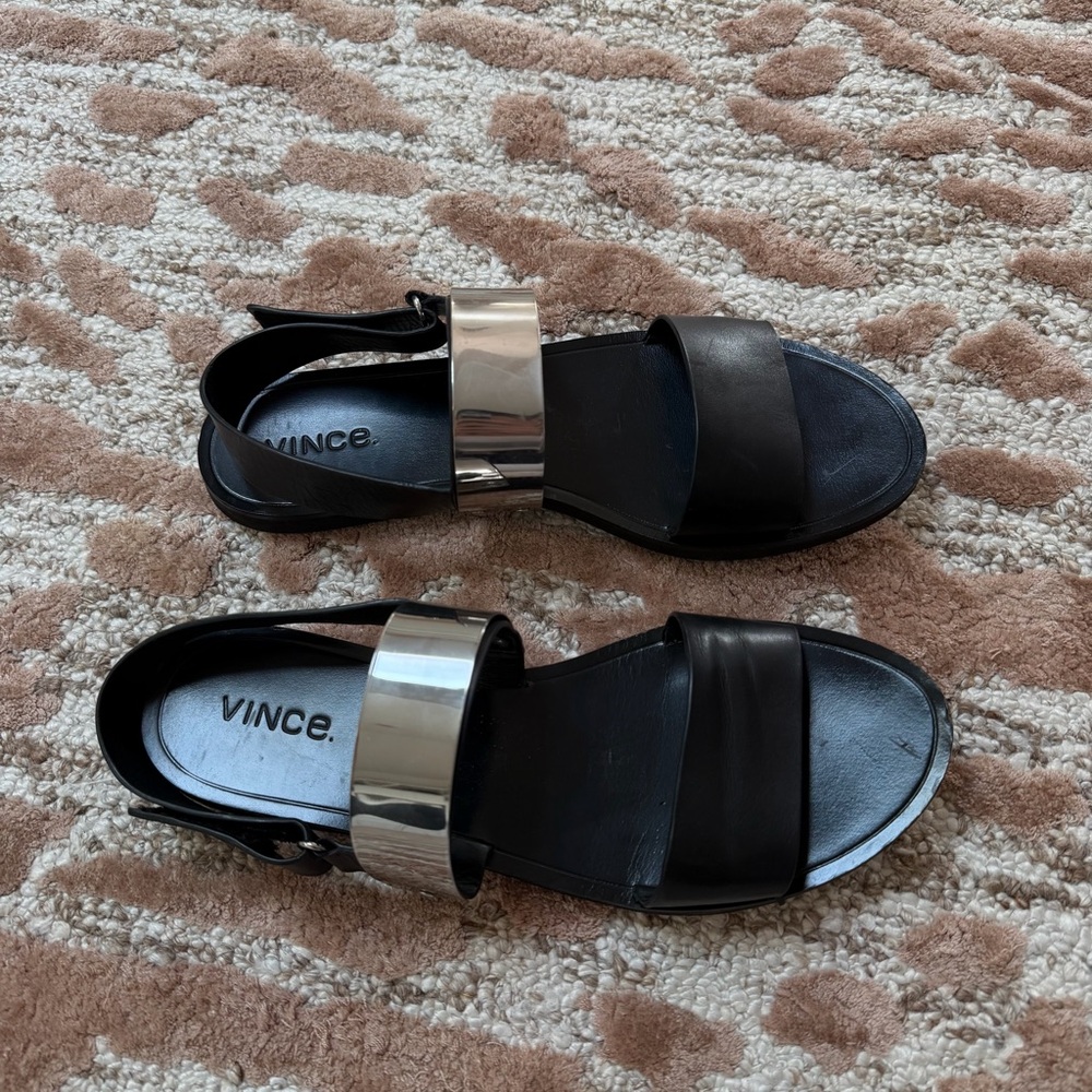 Vince Black Leather Flat Sandals with Metallic Accents – Size 9